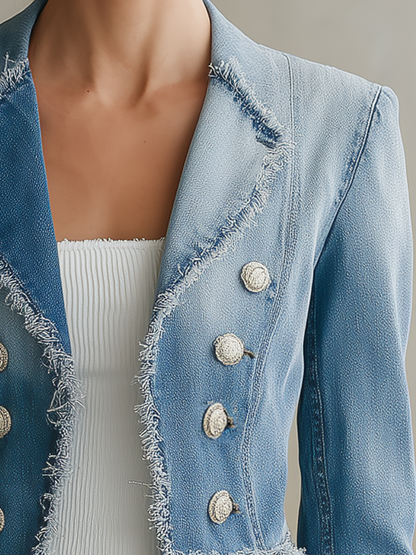 Light Blue Frayed Denim Blazer Women Double-Breasted Cropped Fitted Western Jacket
