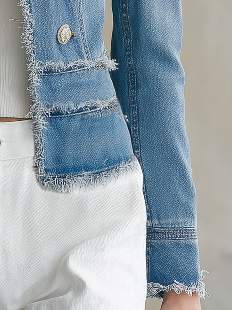 Light Blue Frayed Denim Blazer Women Double-Breasted Cropped Fitted Western Jacket