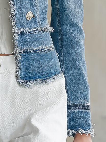 Light Blue Frayed Denim Blazer Women Double-Breasted Cropped Fitted Western Jacket