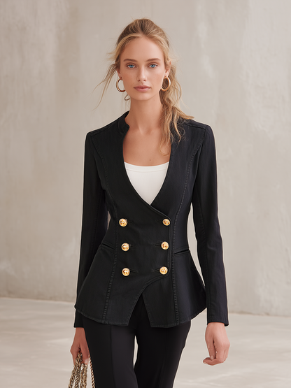 Black Washed Denim Blazer Women Gold Button Double-Breasted Peplum Fitted Jacket