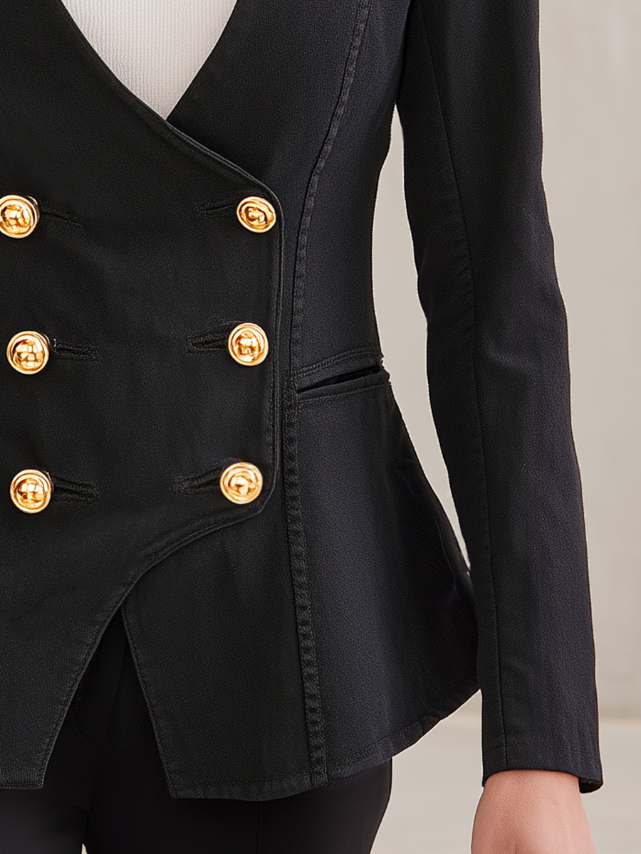 Black Washed Denim Blazer Women Gold Button Double-Breasted Peplum Fitted Jacket