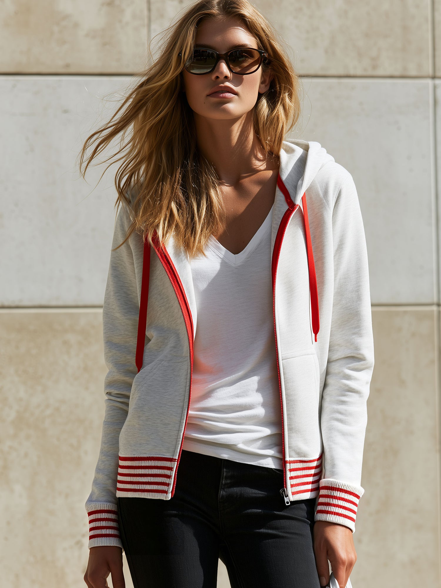 Casual Retro Red Striped Gray And White Hoodie