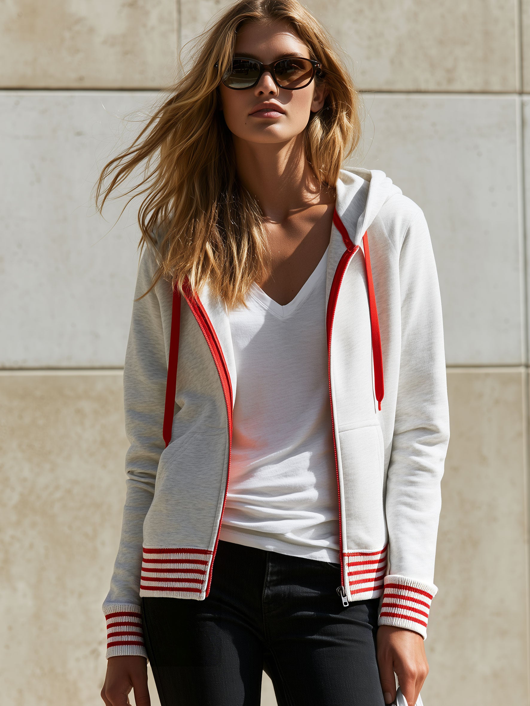 Casual Retro Red Striped Gray And White Hoodie