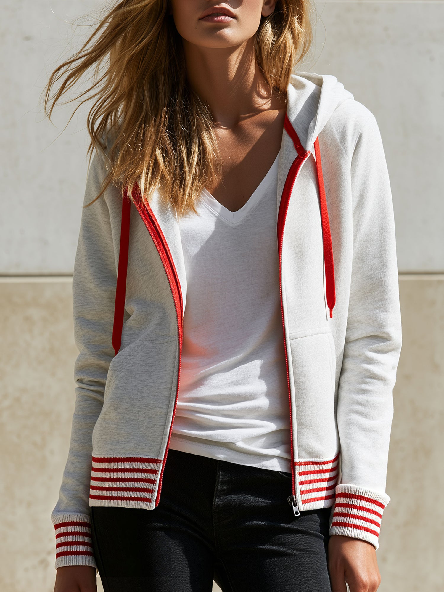 Casual Retro Red Striped Gray And White Hoodie