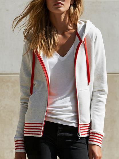 Casual Retro Red Striped Gray And White Hoodie