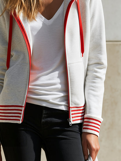 Casual Retro Red Striped Gray And White Hoodie