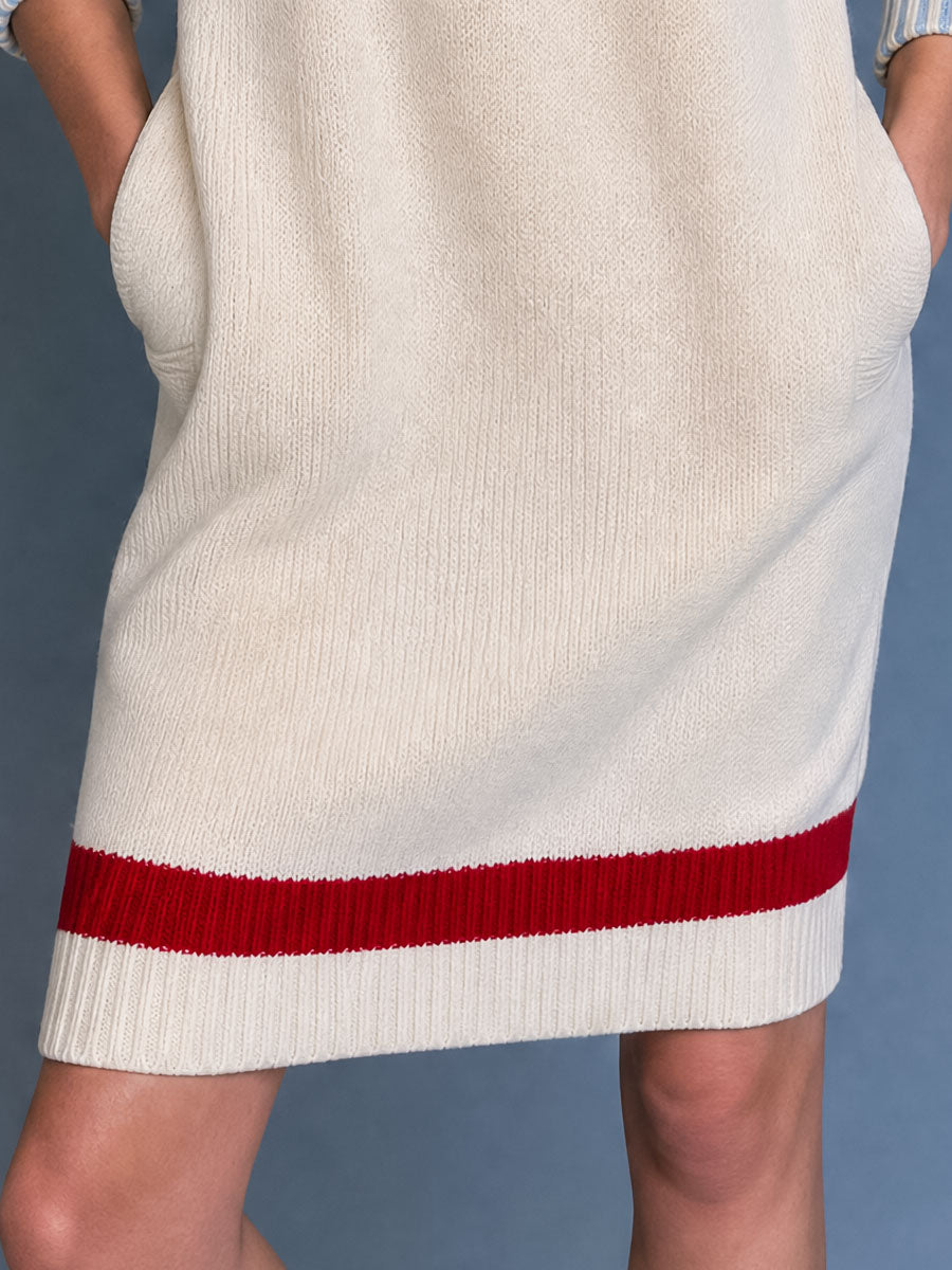 Retro Color-blocked Striped Off-white Stand-collar Half-zip Knit Midi Dress
