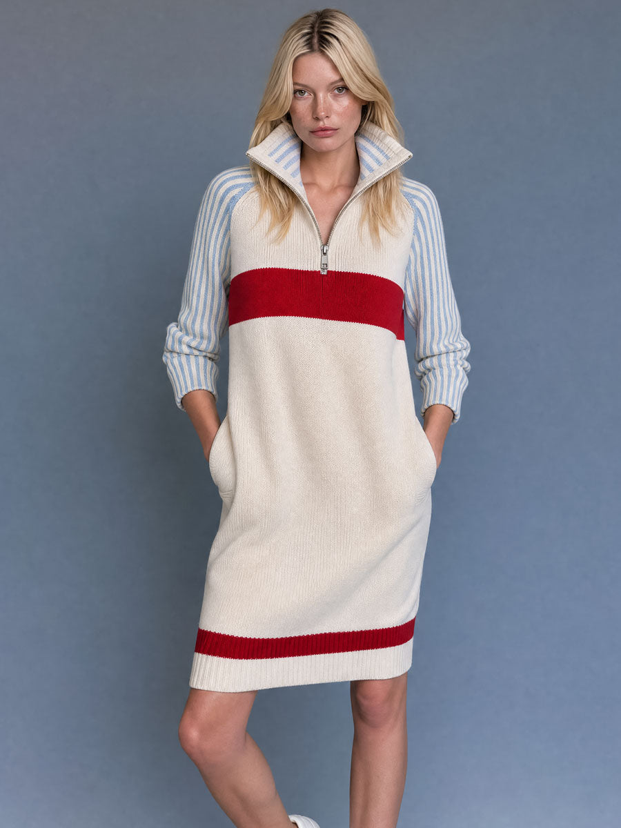 Retro Color-blocked Striped Off-white Stand-collar Half-zip Knit Midi Dress