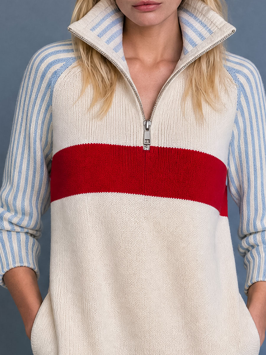 Retro Color-blocked Striped Off-white Stand-collar Half-zip Knit Midi Dress