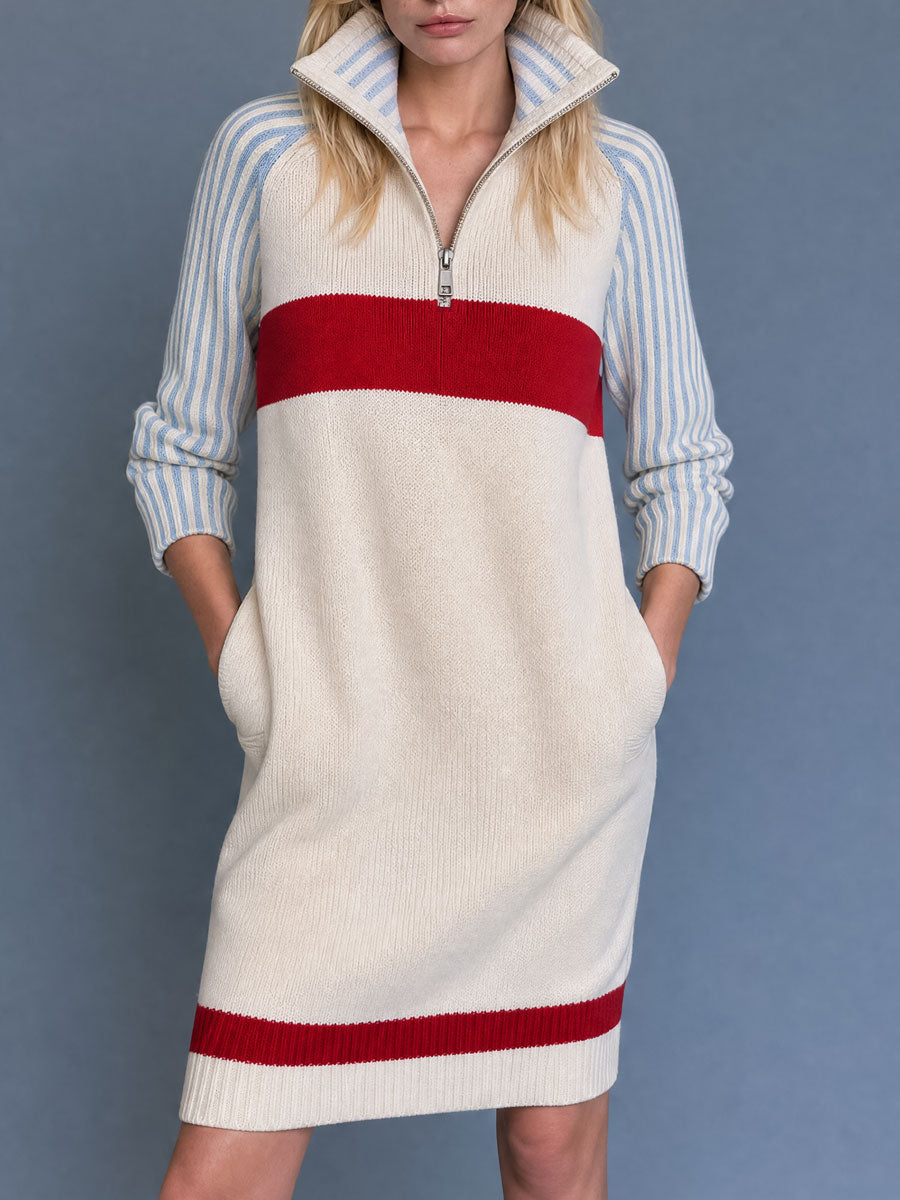 Retro Color-blocked Striped Off-white Stand-collar Half-zip Knit Midi Dress