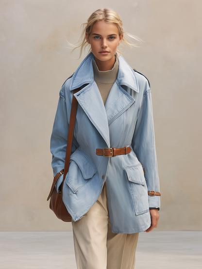 Light Blue Denim Trench Jacket Women Oversized Belted Utility Cargo Coat