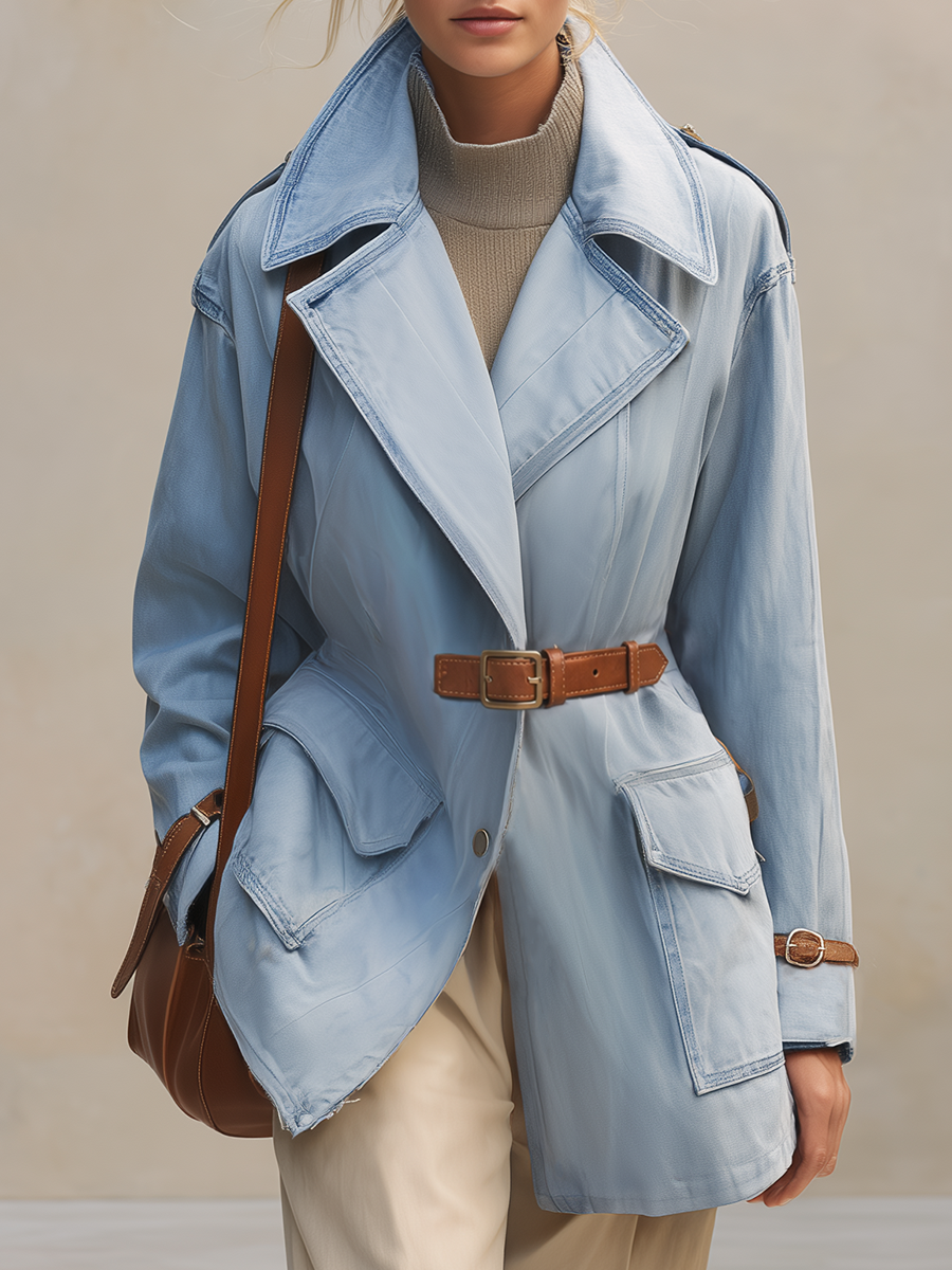 Light Blue Denim Trench Jacket Women Oversized Belted Utility Cargo Coat