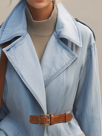 Light Blue Denim Trench Jacket Women Oversized Belted Utility Cargo Coat