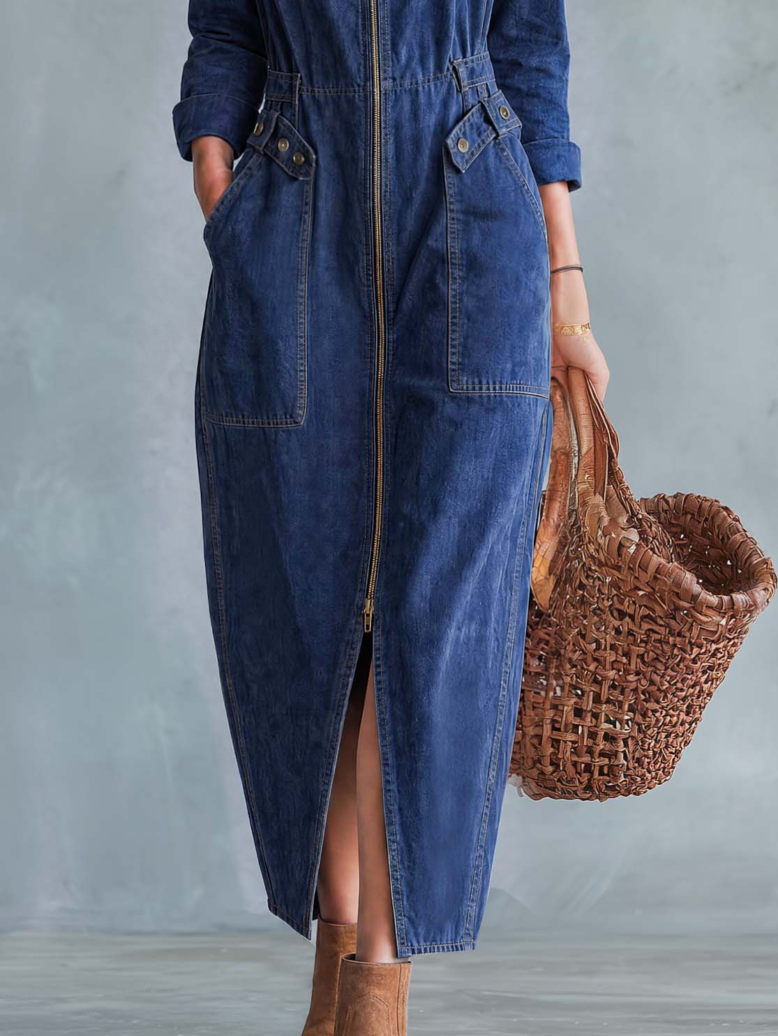 Casual Retro Long-sleeved Square Neck Front Zipper Dark Blue Denim Slit Midi Dress