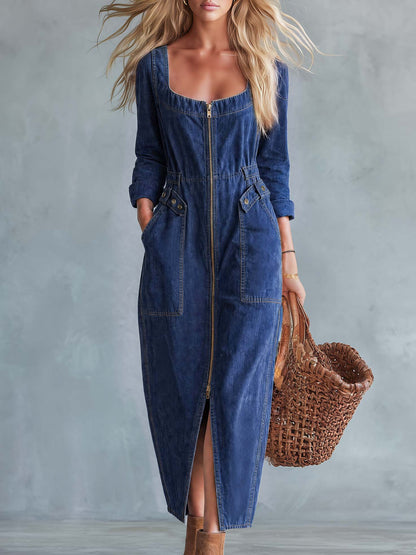 Casual Retro Long-sleeved Square Neck Front Zipper Dark Blue Denim Slit Midi Dress