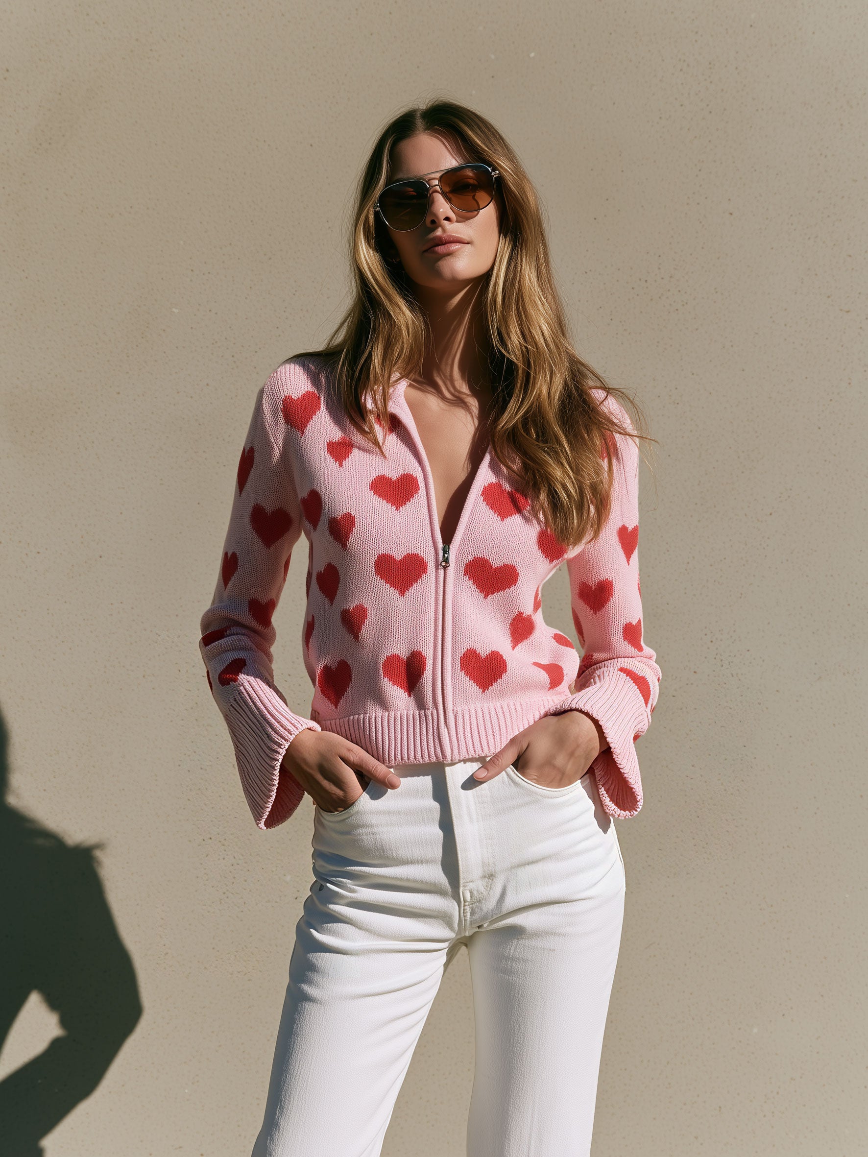 Fashionable Retro Heart-shaped Pink Knitted Zip-up Cardigan
