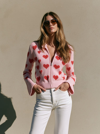 Fashionable Retro Heart-shaped Pink Knitted Zip-up Cardigan