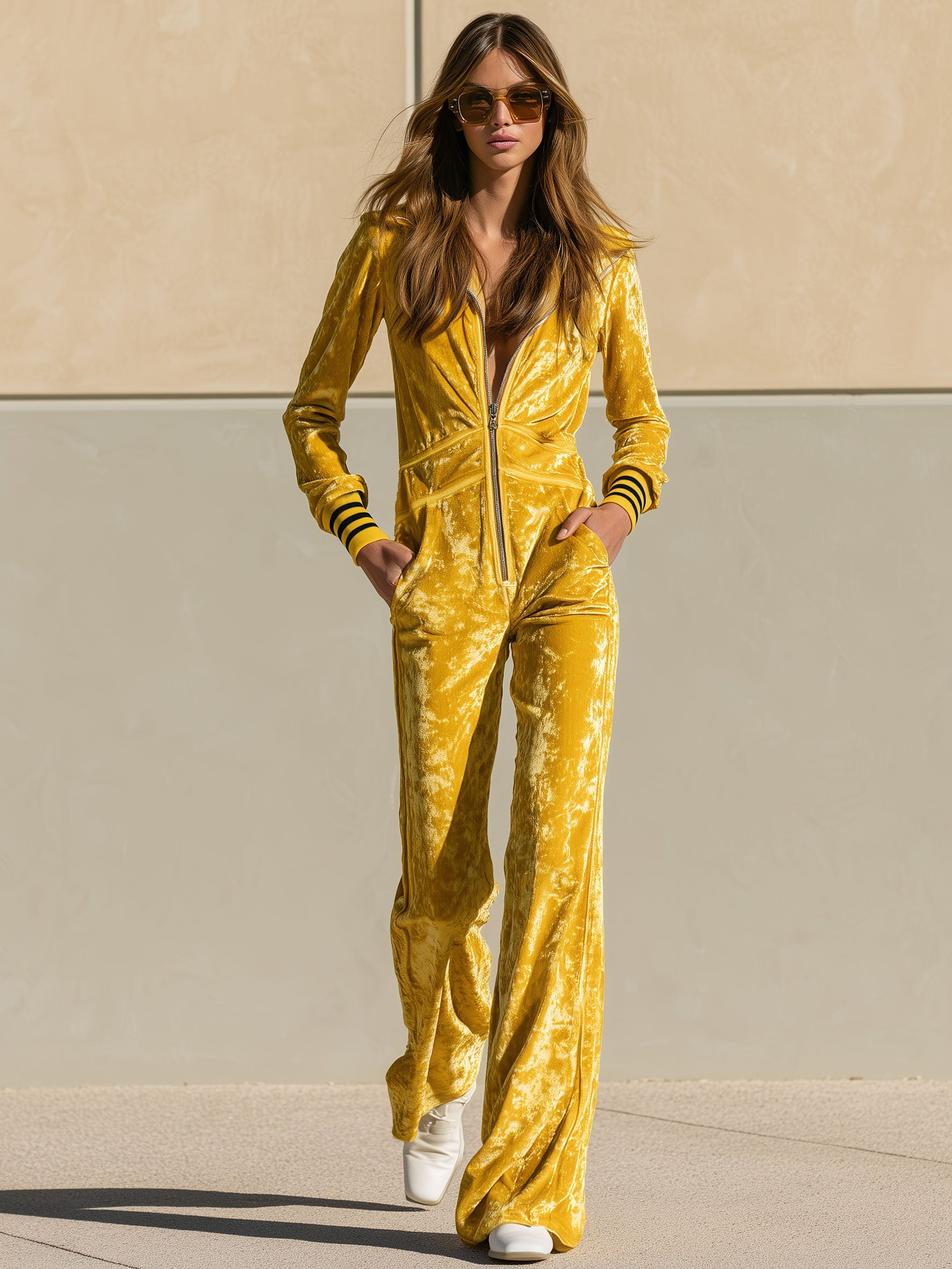 Stylish Retro Yellow Velvet Zipper Long-Sleeved Jumpsuit