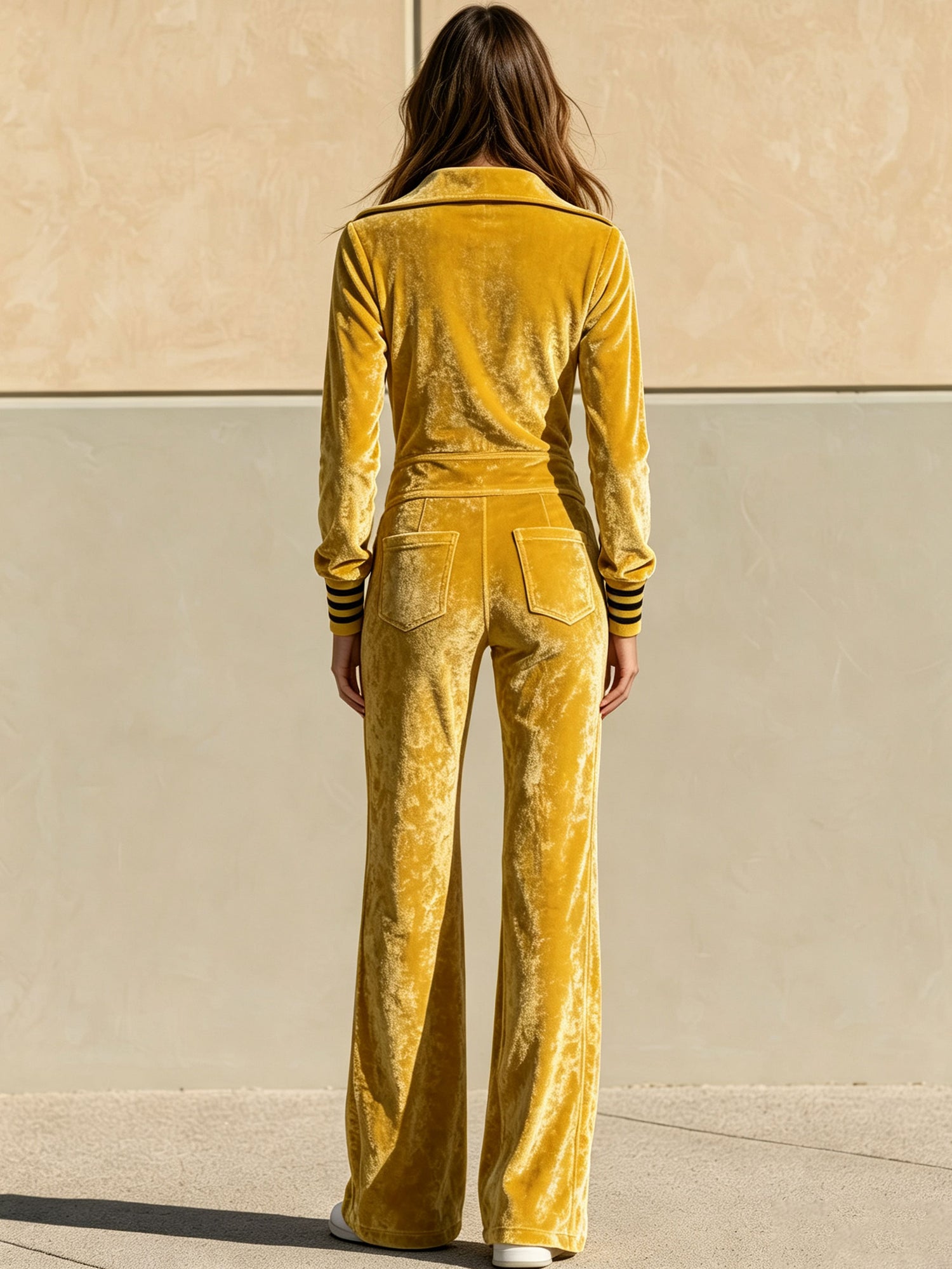 Stylish Retro Yellow Velvet Zipper Long-Sleeved Jumpsuit