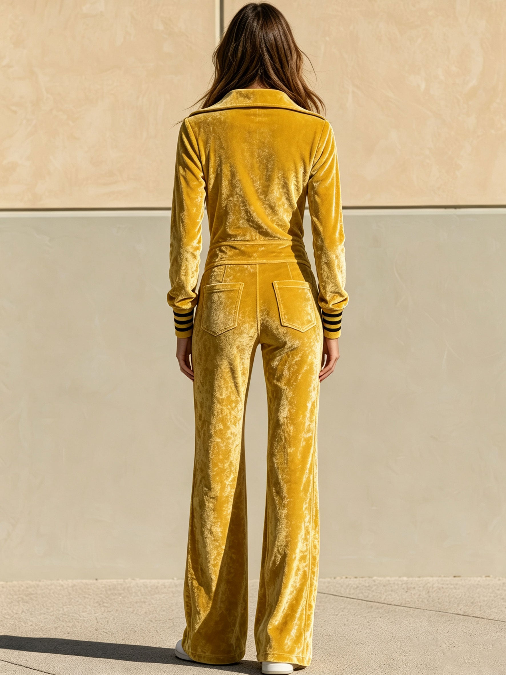Stylish Retro Yellow Velvet Zipper Long-Sleeved Jumpsuit