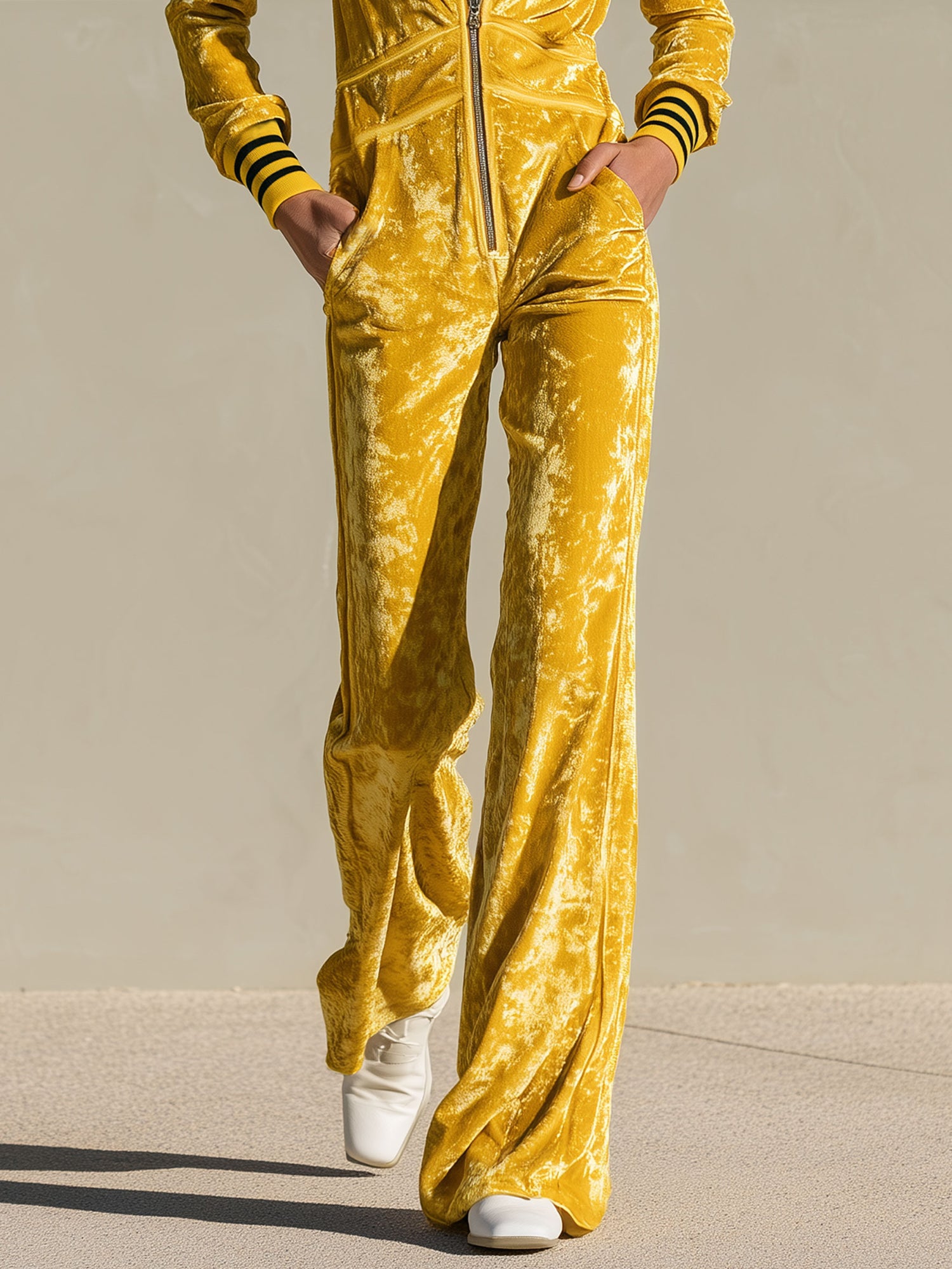 Stylish Retro Yellow Velvet Zipper Long-Sleeved Jumpsuit