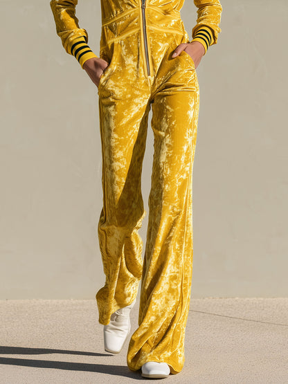 Stylish Retro Yellow Velvet Zipper Long-Sleeved Jumpsuit