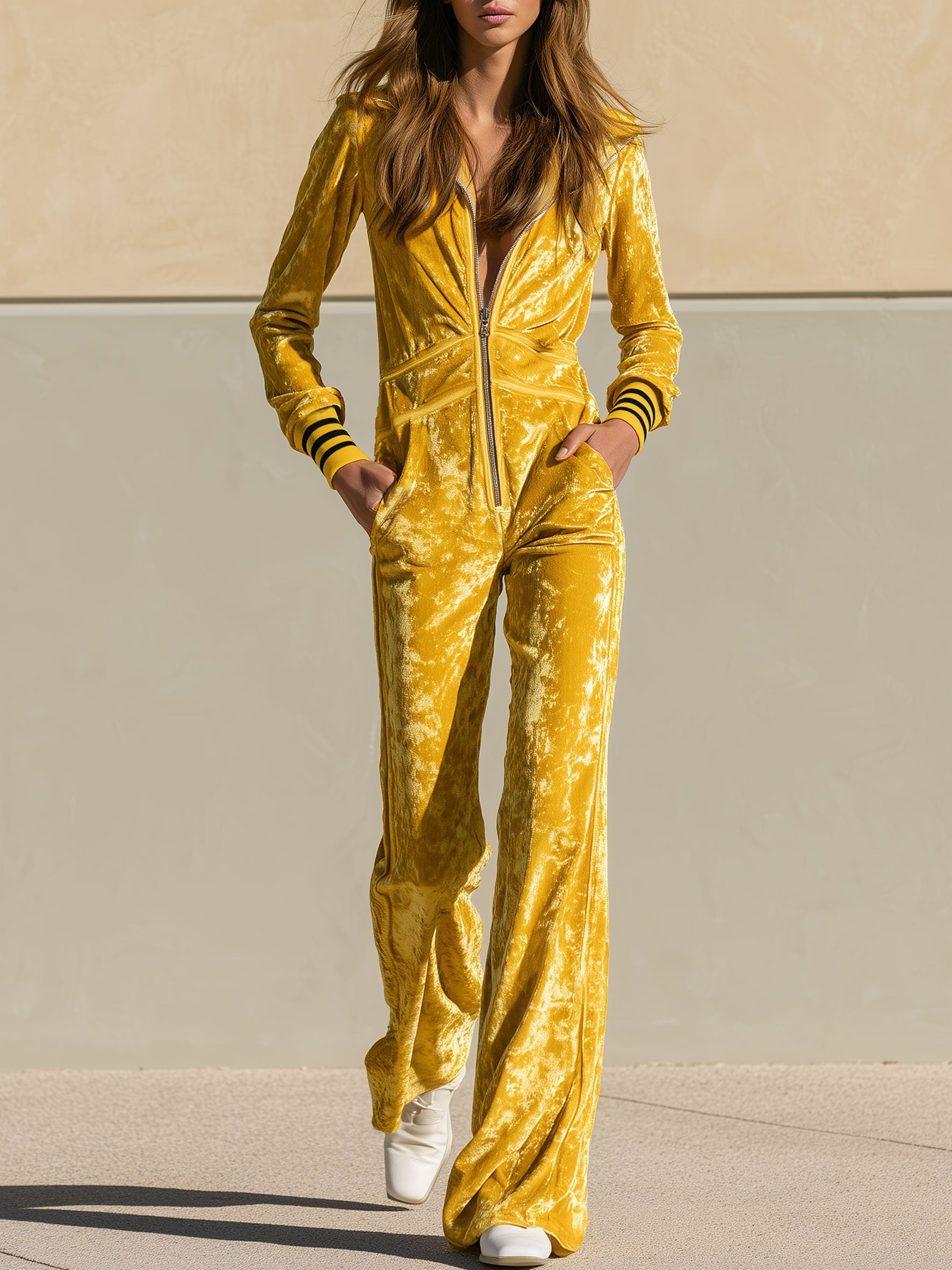 Stylish Retro Yellow Velvet Zipper Long-Sleeved Jumpsuit
