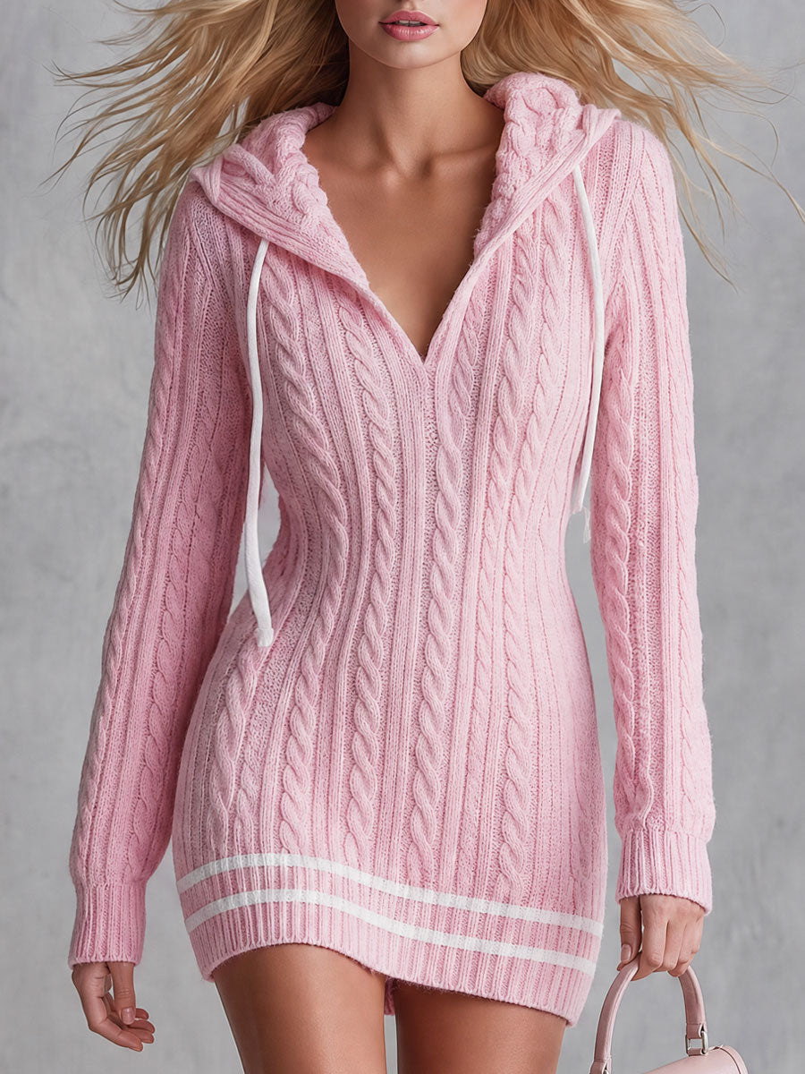 Retro Elegant Pink Hooded V-neck Cable Knit Mini Dress