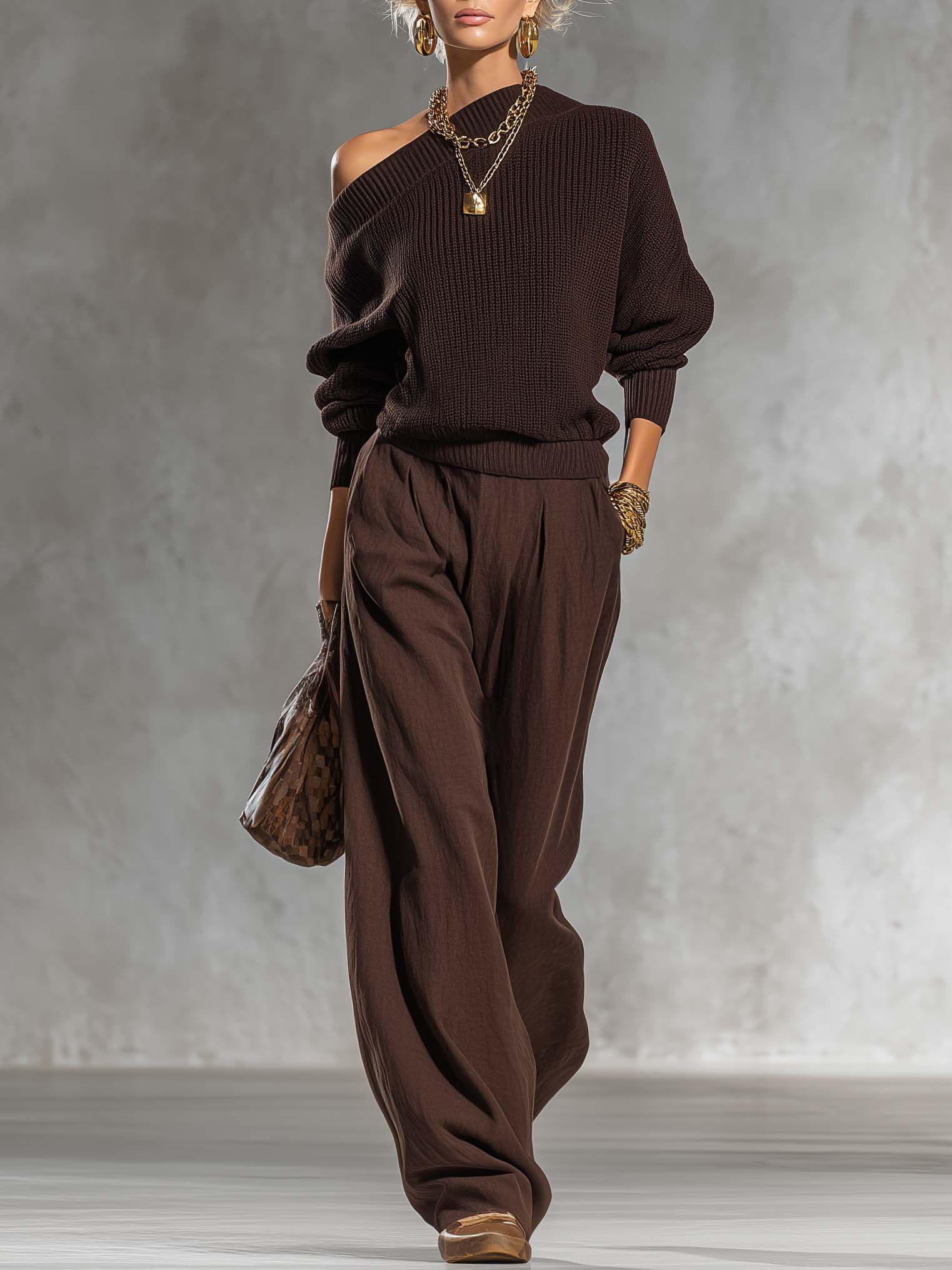 Urban Elegant Brown One-shoulder Knit Top And Cotton-linen Pants Set
