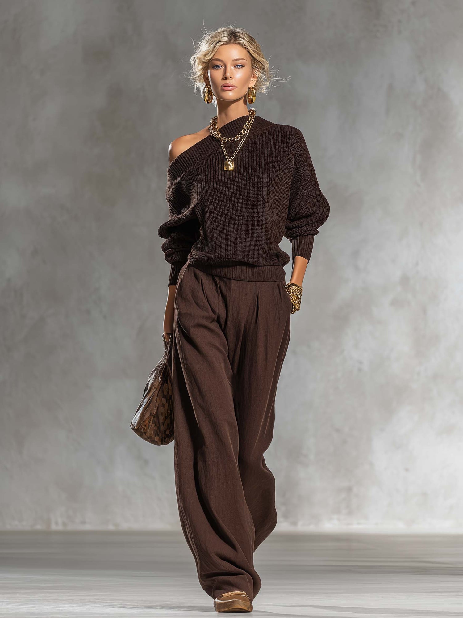 Urban Elegant Brown One-shoulder Knit Top And Cotton-linen Pants Set