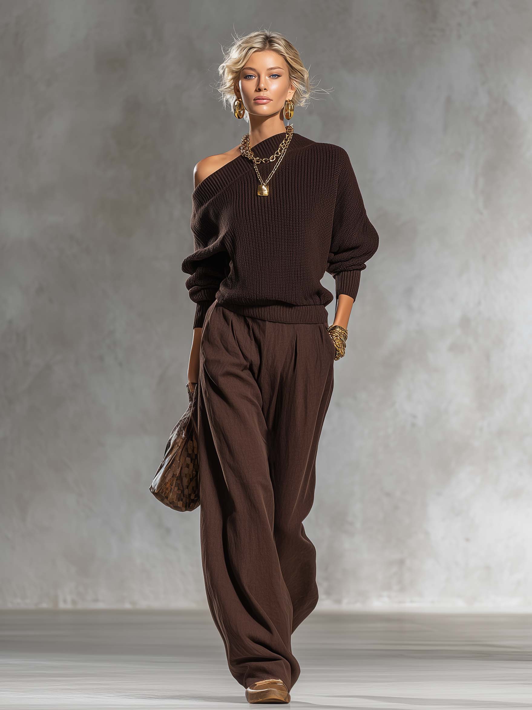 Urban Elegant Brown One-shoulder Knit Top And Cotton-linen Pants Set