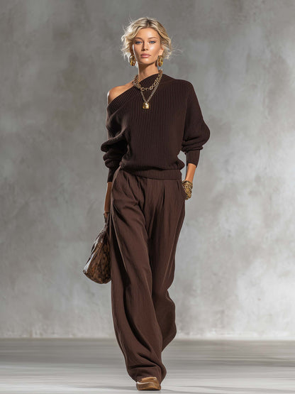 Urban Elegant Brown One-shoulder Knit Top And Cotton-linen Pants Set