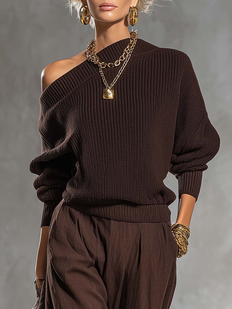 Urban Elegant Brown One-shoulder Knit Top And Cotton-linen Pants Set