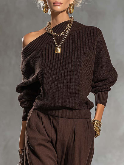 Urban Elegant Brown One-shoulder Knit Top And Cotton-linen Pants Set