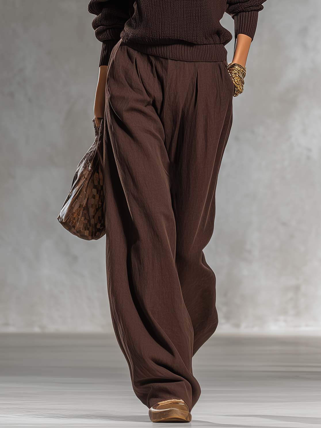 Urban Elegant Brown One-shoulder Knit Top And Cotton-linen Pants Set