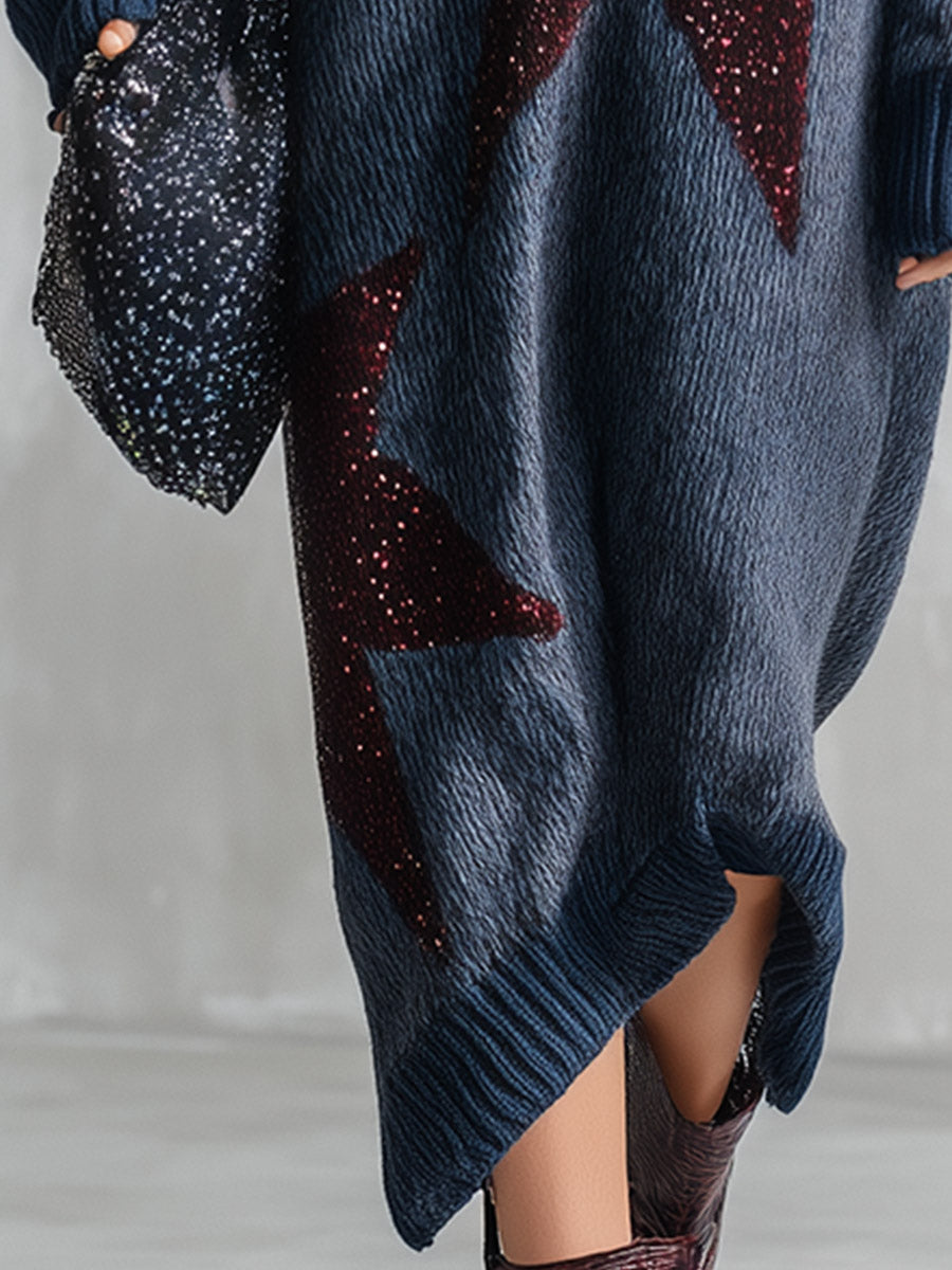Trendy Oversized Fit Sequin Star Patch Blue Knit Midi Dress