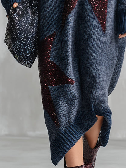 Trendy Oversized Fit Sequin Star Patch Blue Knit Midi Dress
