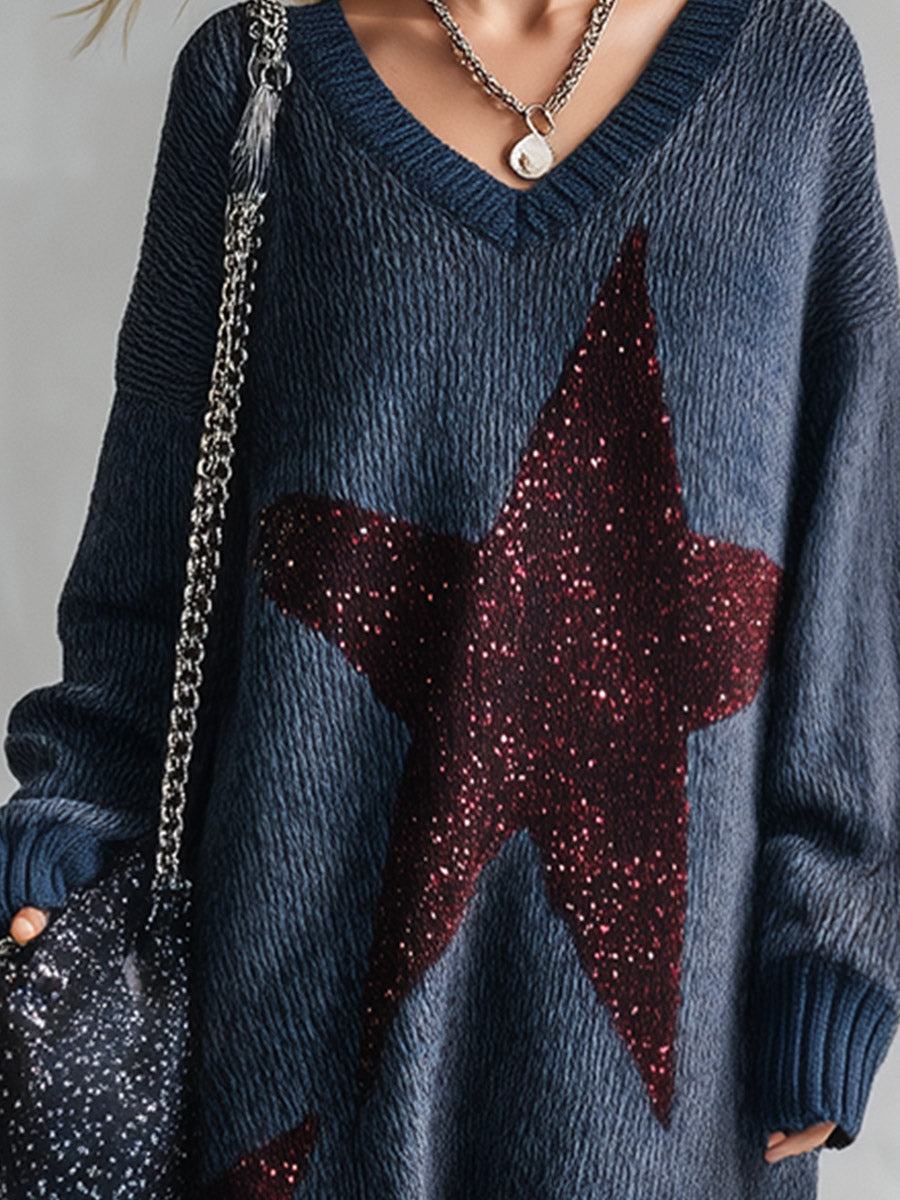 Trendy Oversized Fit Sequin Star Patch Blue Knit Midi Dress
