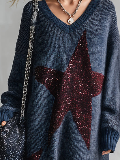 Trendy Oversized Fit Sequin Star Patch Blue Knit Midi Dress