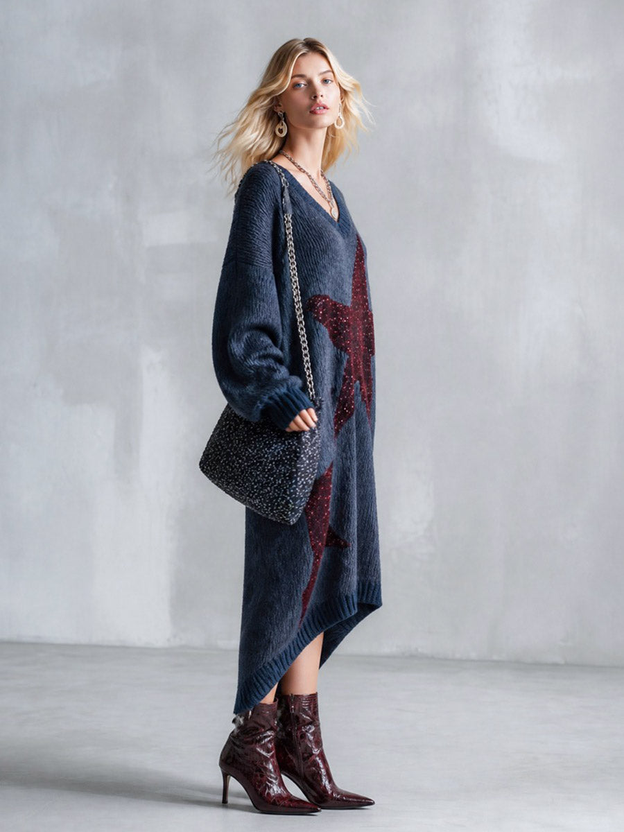 Trendy Oversized Fit Sequin Star Patch Blue Knit Midi Dress
