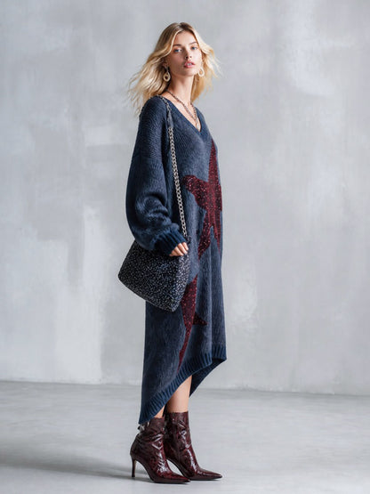 Trendy Oversized Fit Sequin Star Patch Blue Knit Midi Dress