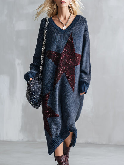 Trendy Oversized Fit Sequin Star Patch Blue Knit Midi Dress