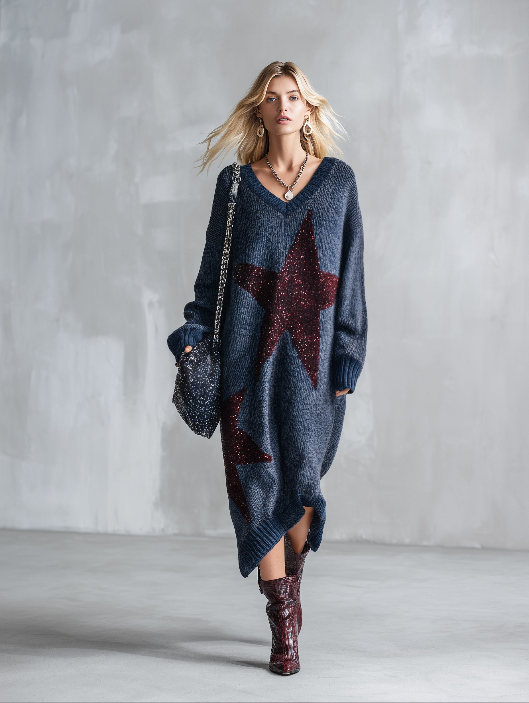 Trendy Oversized Fit Sequin Star Patch Blue Knit Midi Dress