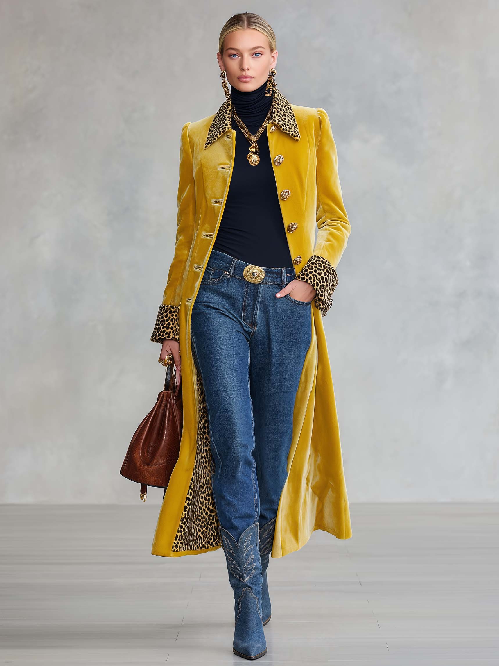 Vintage Classic Leopard-print Lapel Single-breasted Yellow Velvet Coat