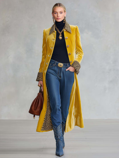 Vintage Classic Leopard-print Lapel Single-breasted Yellow Velvet Coat