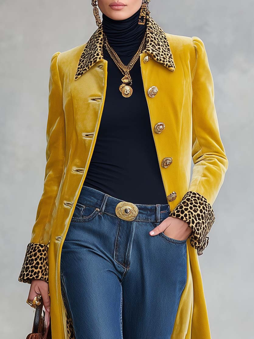 Vintage Classic Leopard-print Lapel Single-breasted Yellow Velvet Coat