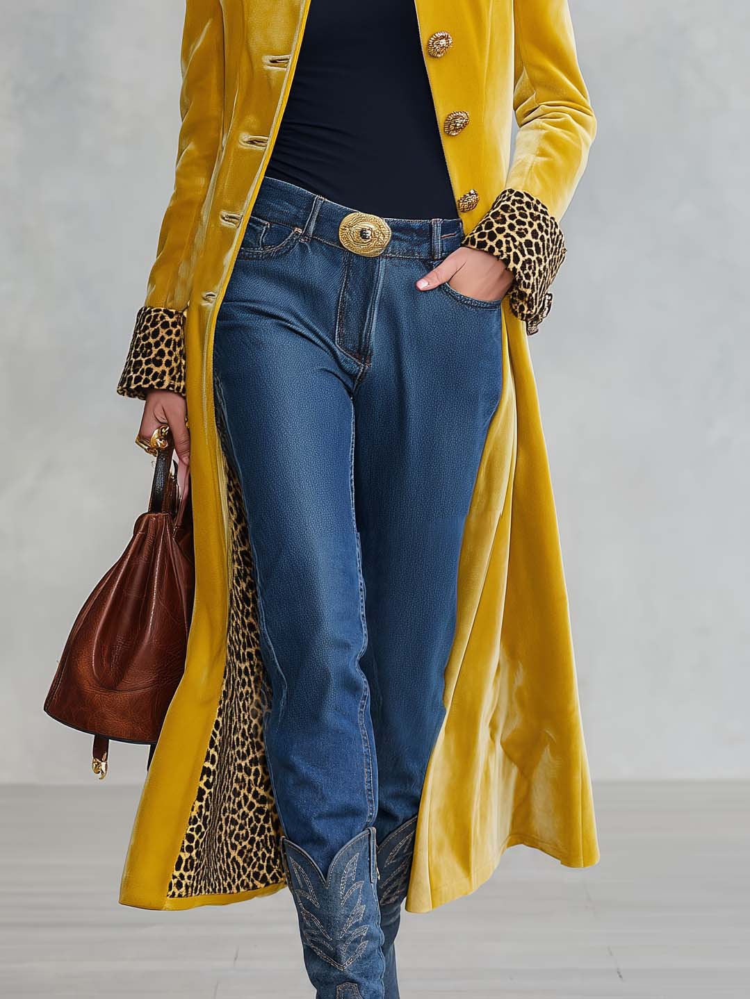 Vintage Classic Leopard-print Lapel Single-breasted Yellow Velvet Coat