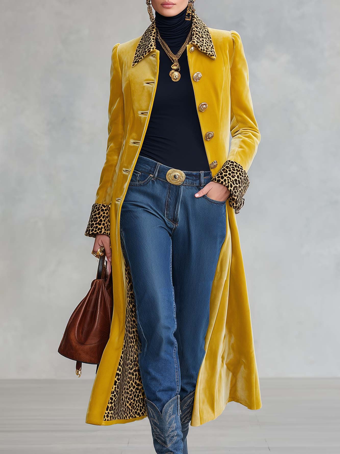 Vintage Classic Leopard-print Lapel Single-breasted Yellow Velvet Coat