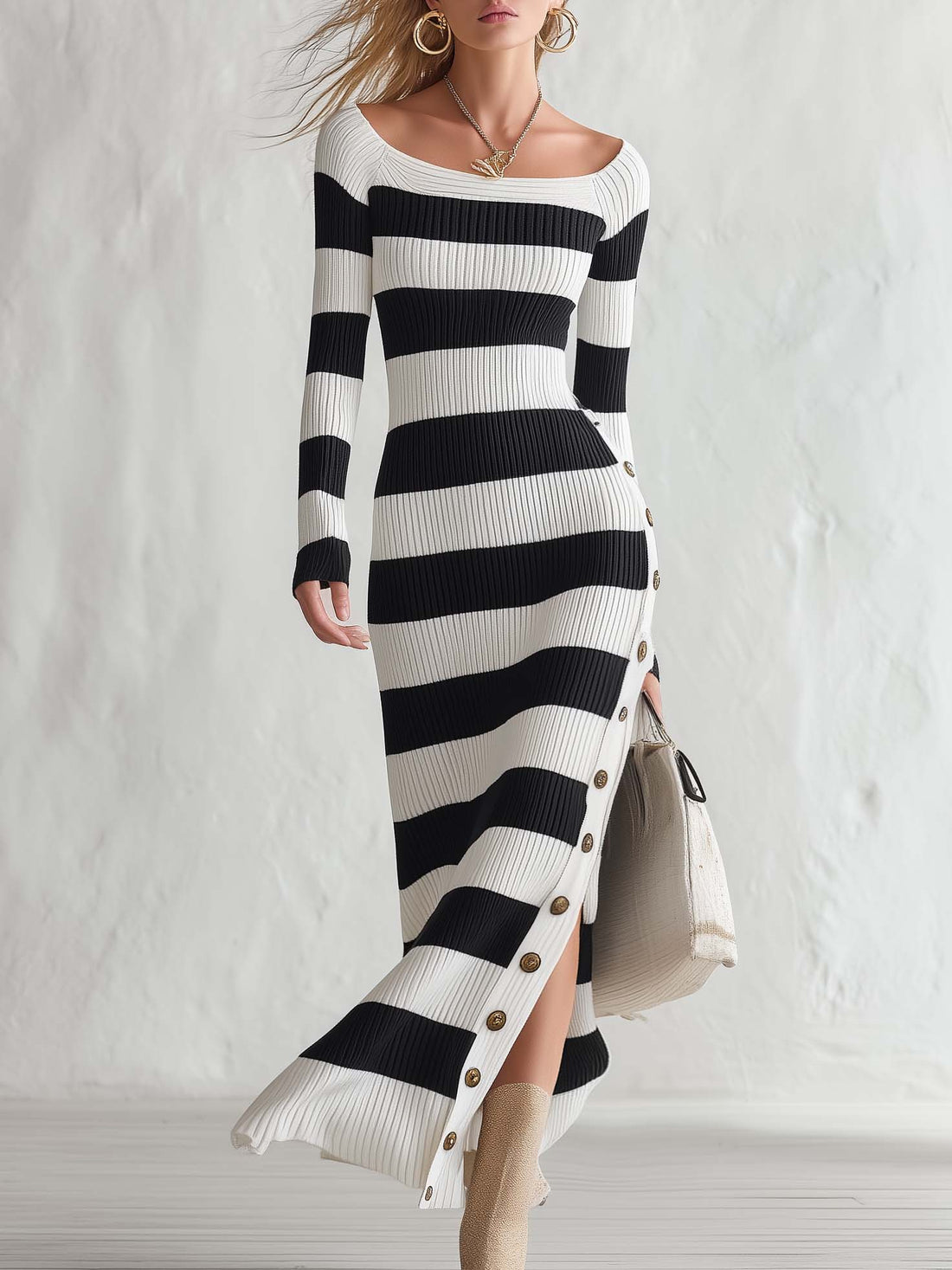 Elegant Vintage Boat Neck Black And White Striped Knit Slit Maxi Dress