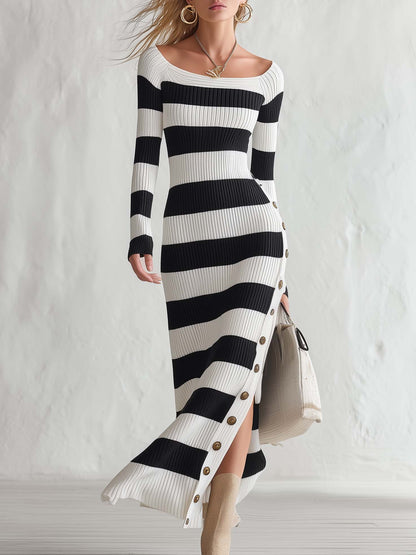 Elegant Vintage Boat Neck Black And White Striped Knit Slit Maxi Dress